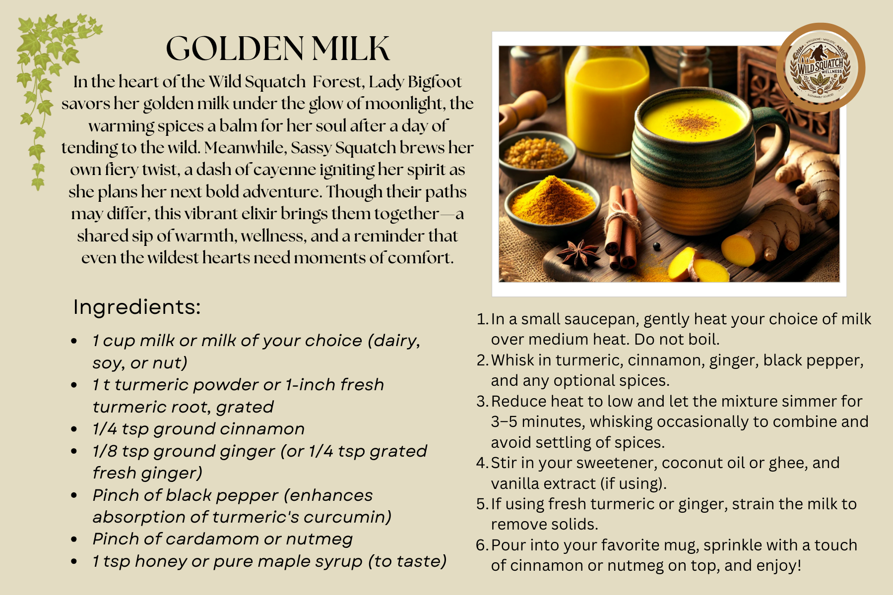 Golden milk recipe card featuring a simple blend of turmeric, cinnamon, ginger, and milk with step-by-step instructions.