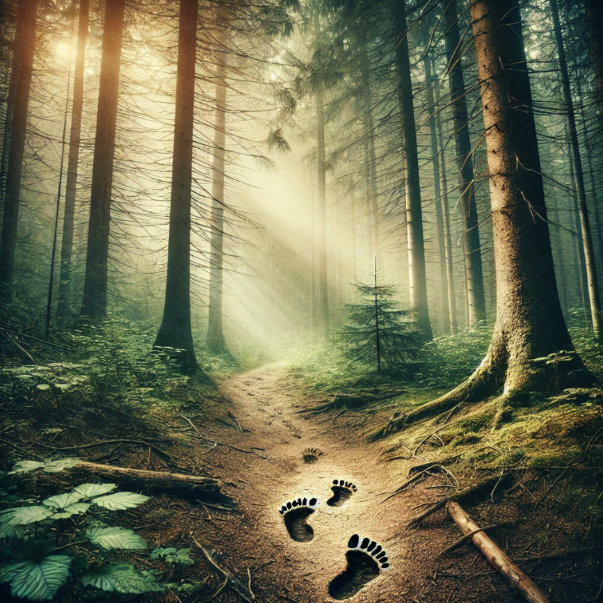 Forest Adventure with Bigfoot Tracks A rugged forest scene with sunlight filtering through the trees, casting a golden glow on the uneven terrain. Faint Bigfoot tracks lead into the forest, evoking mystery and curiosity.