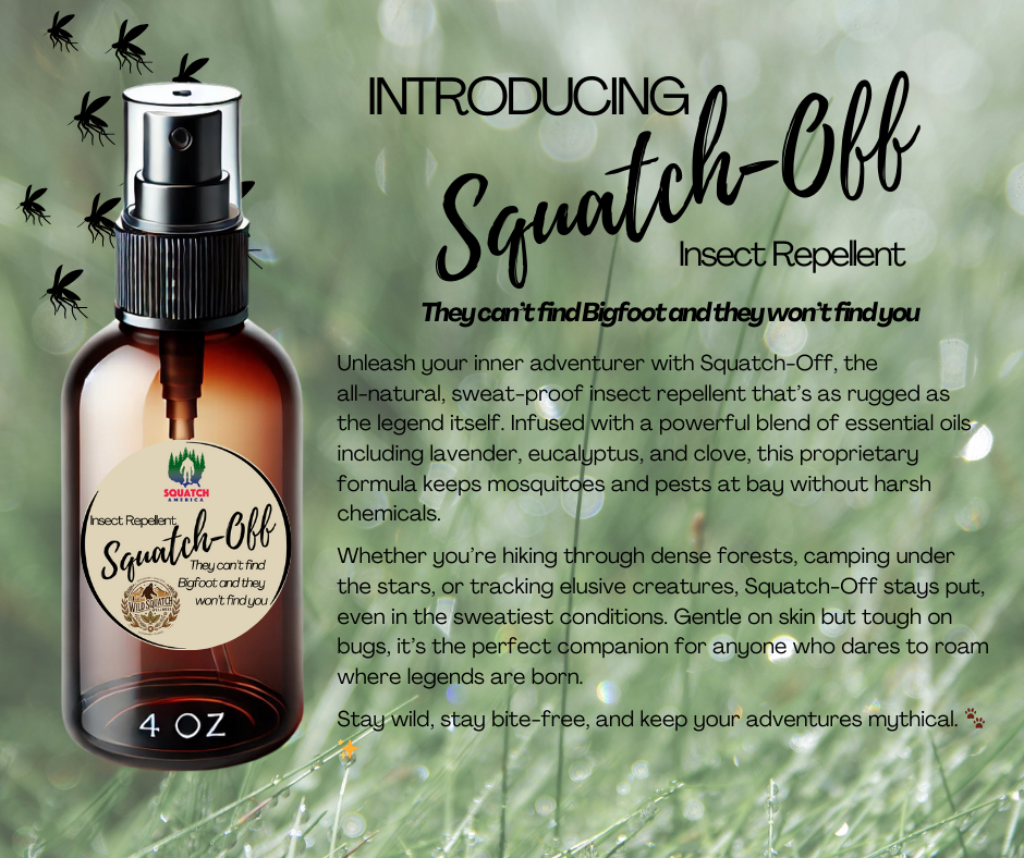 Squatch-Off insect repellent bottle against a grassy background.