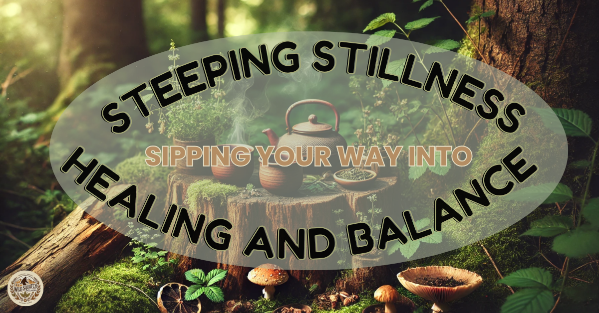 Rustic forest tea scene with steaming mugs on a wood stump, surrounded by moss, mushrooms, and greenery.