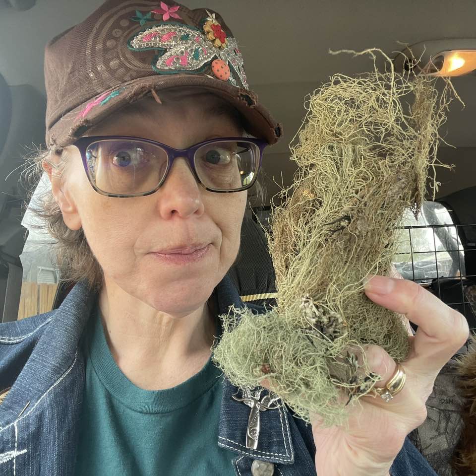 Hannah foraging usnea for nature-based remedies. Hannah holding a handful of foraged usnea, a natural lichen, while wearing a whimsical cap decorated with flowers.