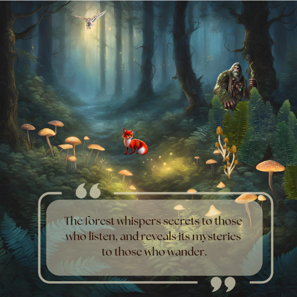 Mystical forest with glowing mushrooms, a fox, Bigfoot, and an owl flying above.