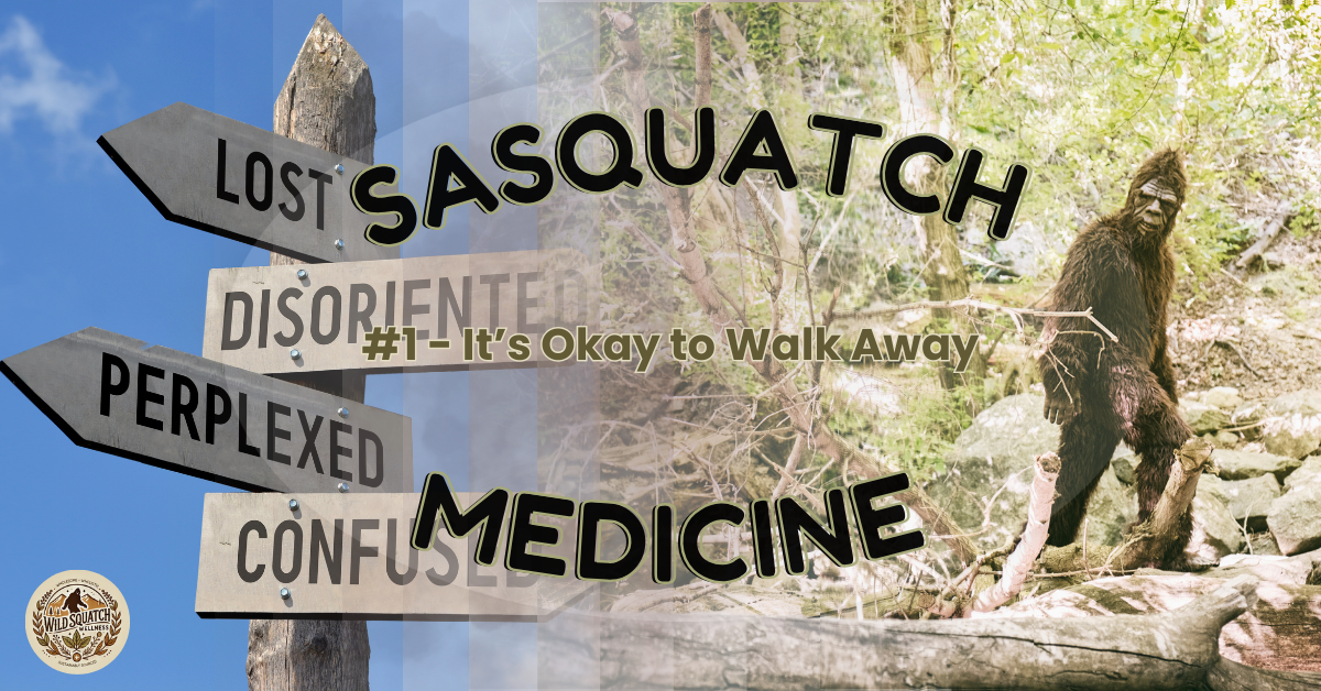 A split-image featuring a wooden signpost with words like "Lost," "Disoriented," "Perplexed," and "Confused" on the left, and a Sasquatch walking away into the forest on the right. The text “Sasquatch Medicine” is overlaid in bold black font, with the subtitle "#1 – It's Okay to Walk Away" in a muted earth tone. A subtle smoky fade blends the two images together, symbolizing the transition from confusion to clarity.